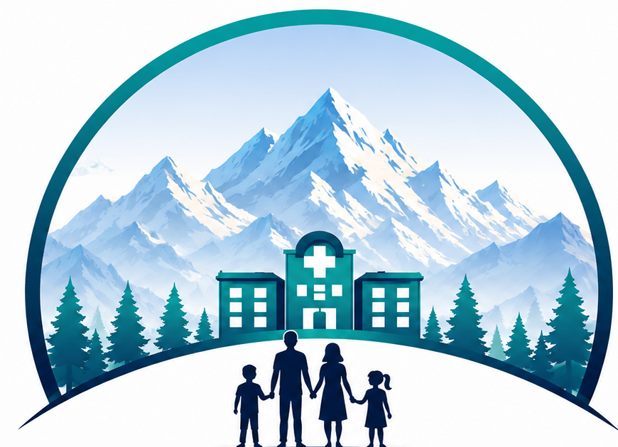 Mountains, hospital, and family emblem